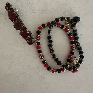 Elegant Red and Black Beaded Bracelet Set
